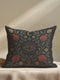 Square pillowcase featuring a mystical eye motif surrounded by embroidered-look gold rays, deep red pomegranates, and curling blue-green vines with floral accents on a black background. Made from premium polyester with a linen-texture feel, available in 18x18 and 22x22 inches, printed on both sides with hidden zipper. Perfect for dark academia and gothic home decor.